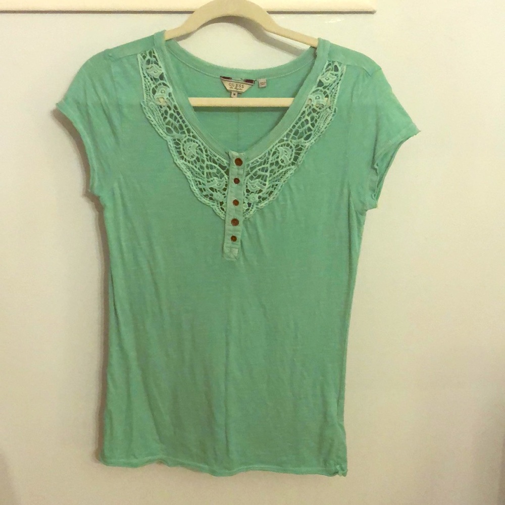 Teal Crochet V-Neck T-Shirt